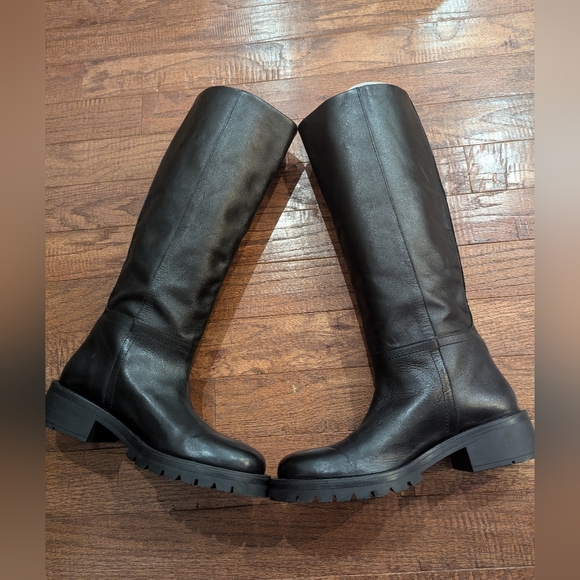 Women's Zara Black vegan Leather Low Heel Knee High Boots SZ 41 pull-on fit. - Picture 6 of 12